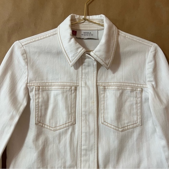 Misha Nonoo | Denim Crop Zip Up Jacket Collared White Contrast Stitching Size S - Picture 3 of 15